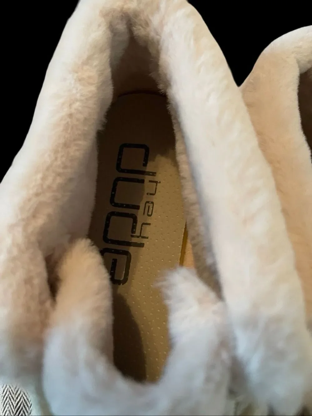 New Hey Dude Herringbone Cream Britt Faux Fur Fold Over Moccasins Shoes Size 9